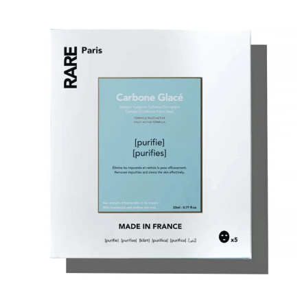 Набір з п'яти очищувальних масок для обличчя з гамамелісом та екстрактом мальви RARE Paris Box of 5 Carbone Glacé Purifying Face Mask